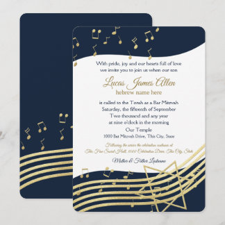 Invitación Barra de música Mitzvah Blue y Gold con cambio de 