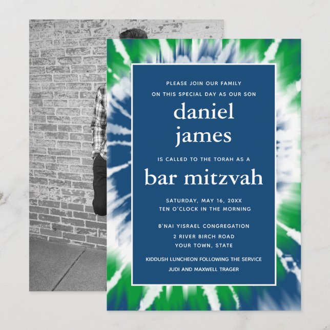 Invitación Barra de tinte azul y verde Mitzvah foto única (Anverso / Reverso)
