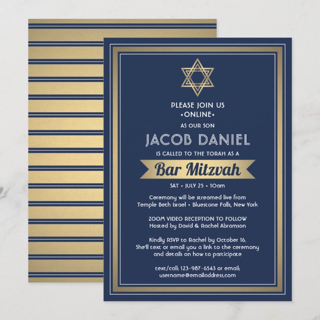 Invitación Barra de zoom virtual Mitzvah Navy azul blanco y o (Anverso / Reverso)
