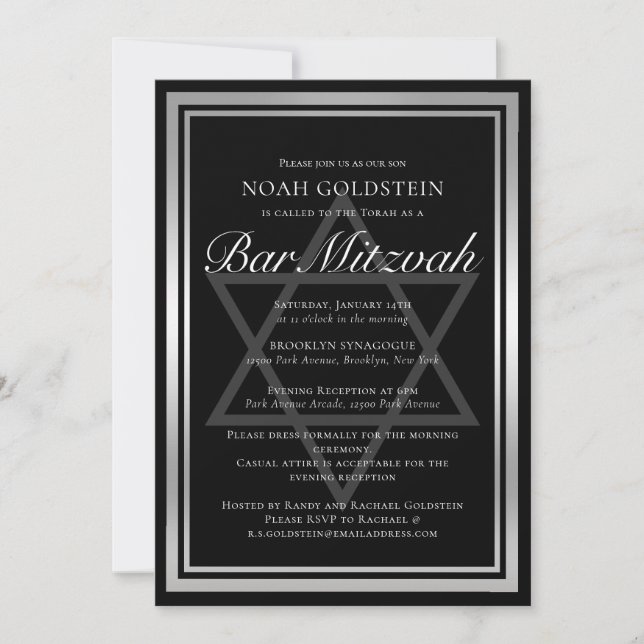 Invitación Barra formal negra de plata brillante Mitzvah (Anverso)