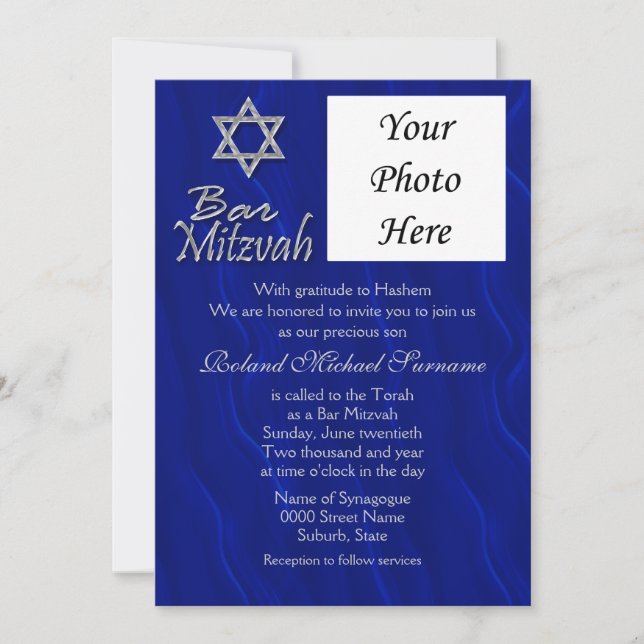 Invitación Barra mitzvah foto azul plata (Anverso)