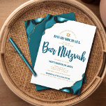 Invitación Barra Mitzvah Guión moderno de agio turquesa simpl<br><div class="desc">¡Siéntete orgulloso, regocijo y exhibe este hito de tu Bar Mitzvah favorito! Envíe esta invitación fresca, única, moderna y personalizada para un evento que recordar. La tipografía de escritura azul verde azulada oscura y el falso oro Estrella de David superponen un fondo blanco simple y limpio con agate azul turquesa...</div>
