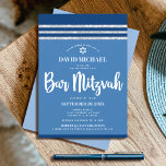 Invitación Barra Mitzvah Moderno Plata Azul Tallit negrita<br><div class="desc">¡Siéntete orgulloso, regocijo y exhibe este hito de tu Bar Mitzvah favorito! Envíe esta invitación fresca, única, moderna y personalizada para un evento que recordar. Tipografía audaz, de escritura blanca, Estrella de David y un purpurina color azul marino y plateado con tallo a rayas inspirado en el gráfico sobre un...</div>