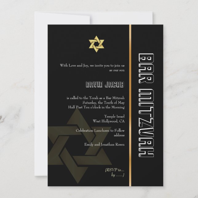 Invitación Barra Mitzvah/negro/oro (Anverso)