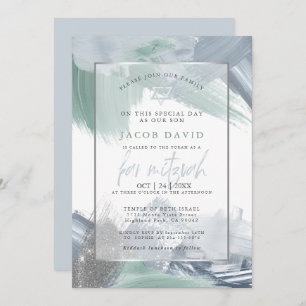 Invitación Barra Mitzvah Pincel verde azul seco