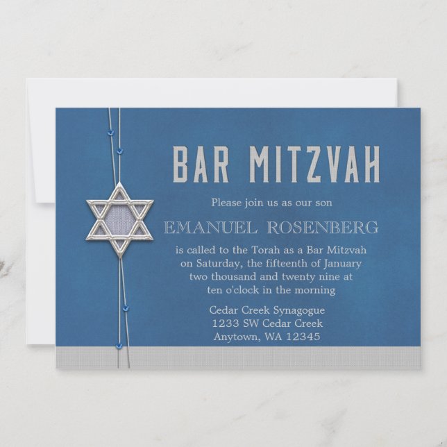 Invitación Barra Mitzvah Plata Estrellas Azules (Anverso)
