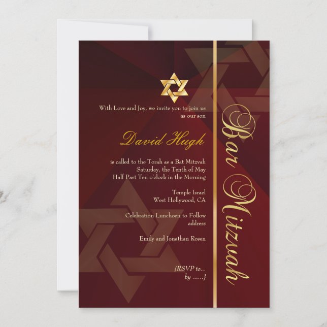 Invitación Barra Mitzvah/rojo/oro (Anverso)