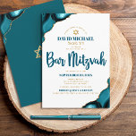 Invitación Barra Mitzvah Turquoise Agate Script Nombre hebreo<br><div class="desc">¡Siéntete orgulloso, regocijo y exhibe este hito de tu Bar Mitzvah favorito! Envíe esta invitación fresca, única, moderna, personalizada, con nombres hebreos para un evento que recordar. La tipografía de escritura azul verde azulada oscura y el falso oro Estrella de David superponen un fondo blanco simple y limpio con agate...</div>