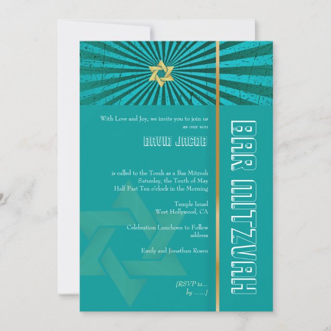 Invitación Barra Mitzvah/verde azulado/oro (Anverso)