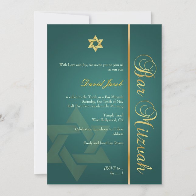 Invitación Barra Mitzvah/verde esmeralda/oro (Anverso)