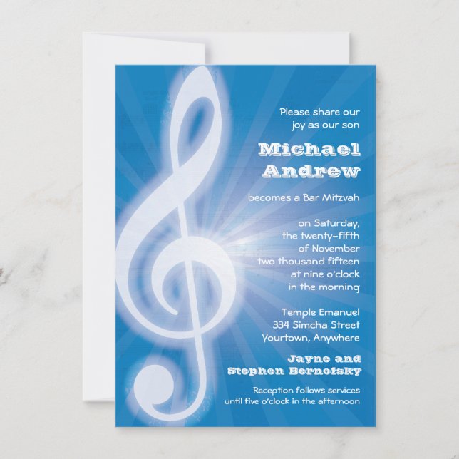 Invitación Barra-Palo Mitzvah del Clef agudo que brilla (Anverso)