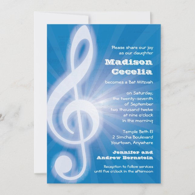 Invitación Barra-Palo Mitzvah del Clef de la música que (Anverso)