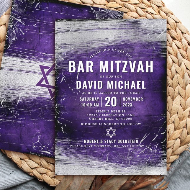 Invitación Barra púrpura Mitzvah Negrita Relieve metalizado p (Subido por el creador)