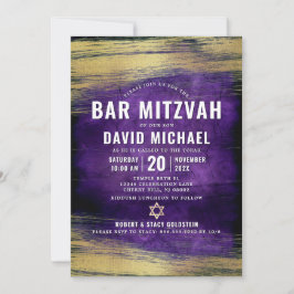 Invitación Barra púrpura Mitzvah Relieve metalizado dorado de