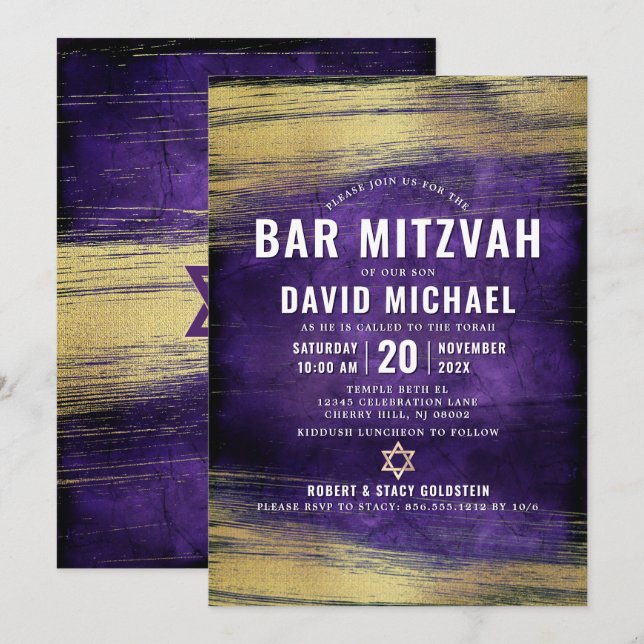 Invitación Barra púrpura Mitzvah Relieve metalizado dorado de (Anverso / Reverso)