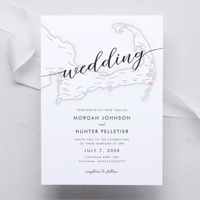 Invitación Barras Chatham Modernas Mínimas En Boda (Chatham Bars Inn Wedding Invitations in minimal modern black and white from Coastal Map Designs)