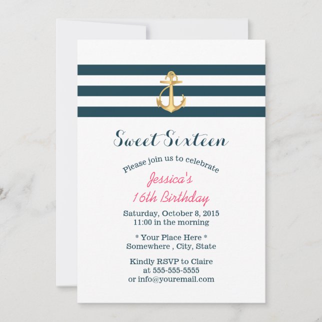 Invitación Barras náuticas de 16 Anclas de oro dulces (Anverso)