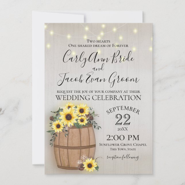 Invitación Barrel de los girasoles Madera y luces rusticas (Anverso)