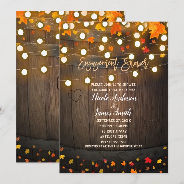 Invitación Barrel de Madera Otoño Hojas Luces Compromiso Lluv (Anverso / Reverso)