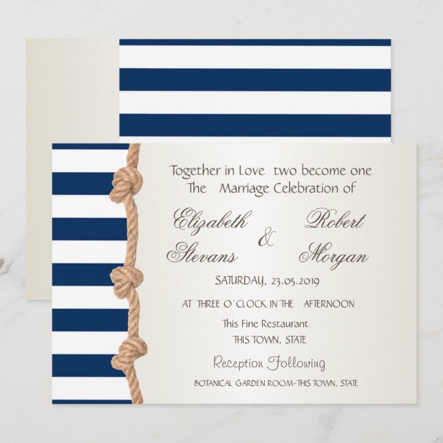 Invitación Barrera de bodas de playa, Corazones, Rayas Invita (Anverso / Reverso)
