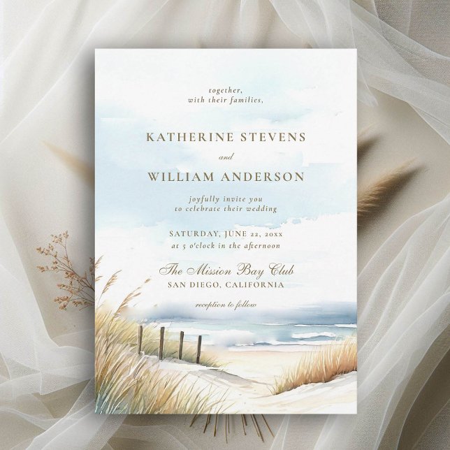 Invitación Barrera de playa silvestre Boda elegante de arte o (wild beach wedding invitation dreamy watercolor ocean fence grass nature formal modern classic)