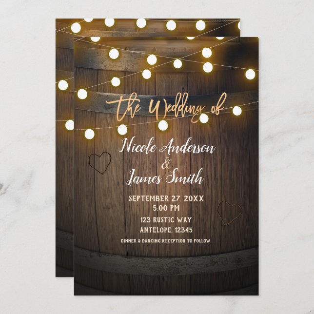 Invitación Barrica de Madera Corazón Tallado & Luces Boda Rús (Anverso / Reverso)