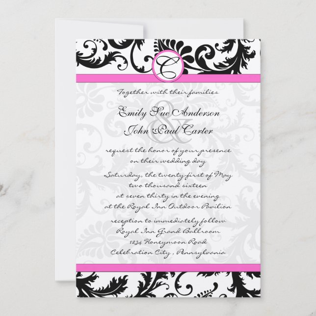 Invitación Barrido blanco y negro de damascos con trineo rosa (Anverso)