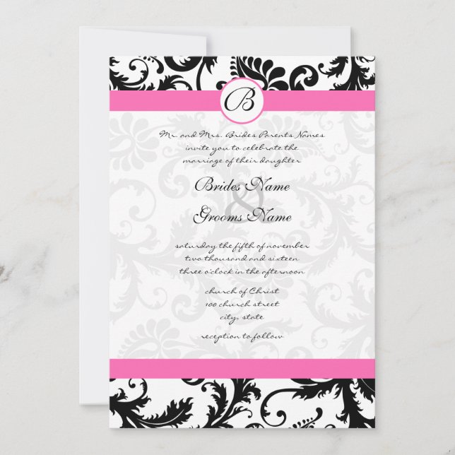Invitación Barrido blanco y negro de damascos con trineo rosa (Anverso)