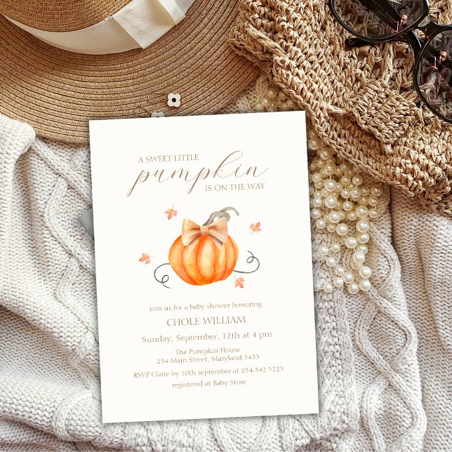 Invitación Barrido de calabaza dulce caída Baby Shower (Sweet Little Pumpkin Bow Fall Baby Shower Invitation)