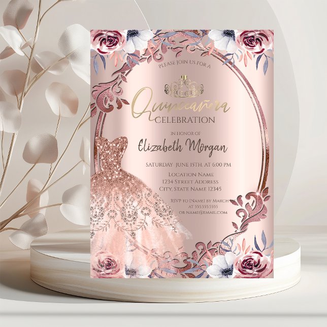 Invitación Barrido de tramas Flores Boho Vestido Quinceañera (Subido por el creador)