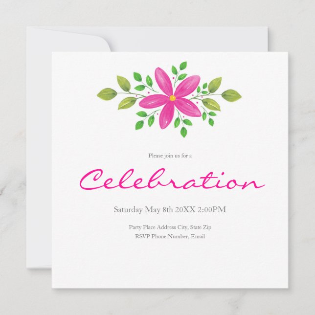 Invitación Barrido floral de acuarela rosa caliente (Anverso)