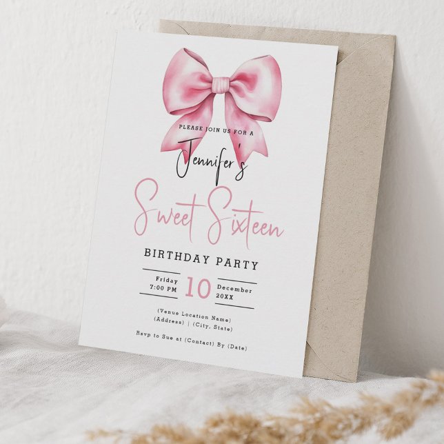 Invitación Barrido rosa de Rubor Coquette Cute Script Sweet 1 (Blush Pink Bow Coquette Cute Script Sweet 16 Invitation)