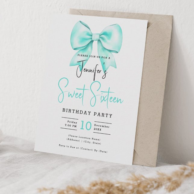 Invitación Barrido Turquesa Coquette Cute Script Dulce 16 (Turquoise Bow Coquette Cute Script Sweet 16 Invitation)