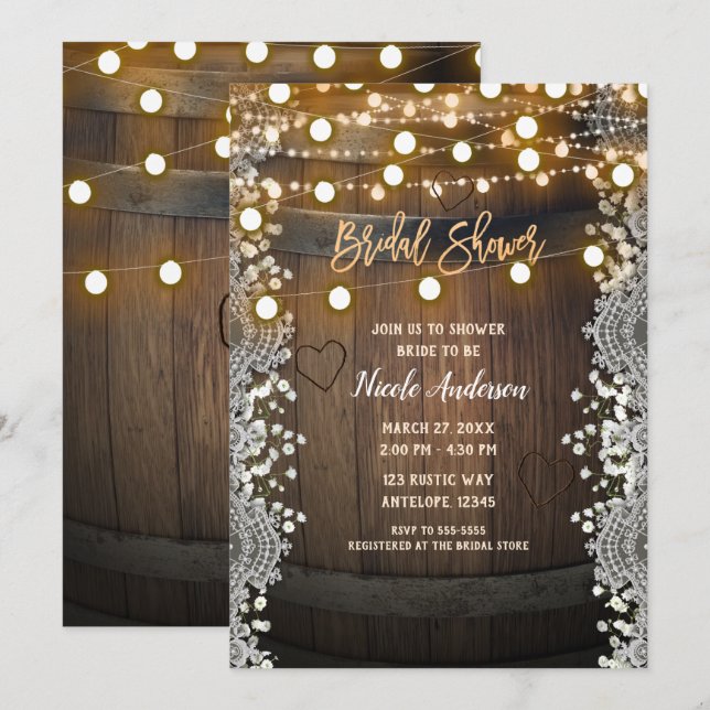 Invitación Barril de Madera Corazón Tallado Luces Despedida d (Anverso / Reverso)