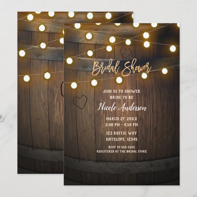 Invitación Barril de madera esculpida alumbrado de corazón du (Anverso / Reverso)