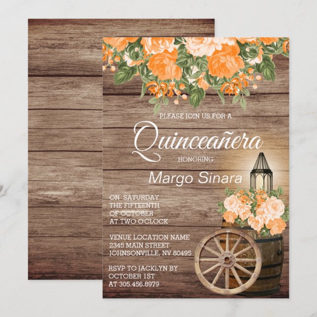 Invitación Barril de madera Quinceañera y flores Naranjas (Anverso / Reverso)