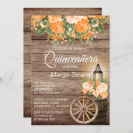 Invitación Barril de madera Quinceañera y flores Naranjas