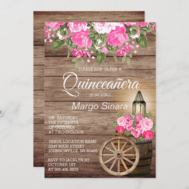 Invitación Barril de madera Quinceañera y flores rosas (Anverso / Reverso)