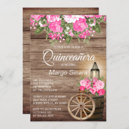 Invitación Barril de madera Quinceañera y flores rosas