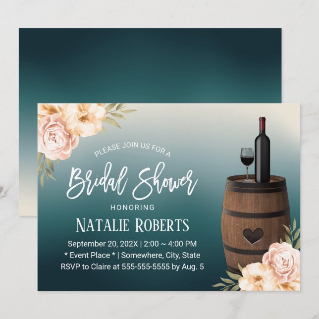 Invitación Barril de vino floral Verde azulado Ombre Bridal D (Anverso / Reverso)