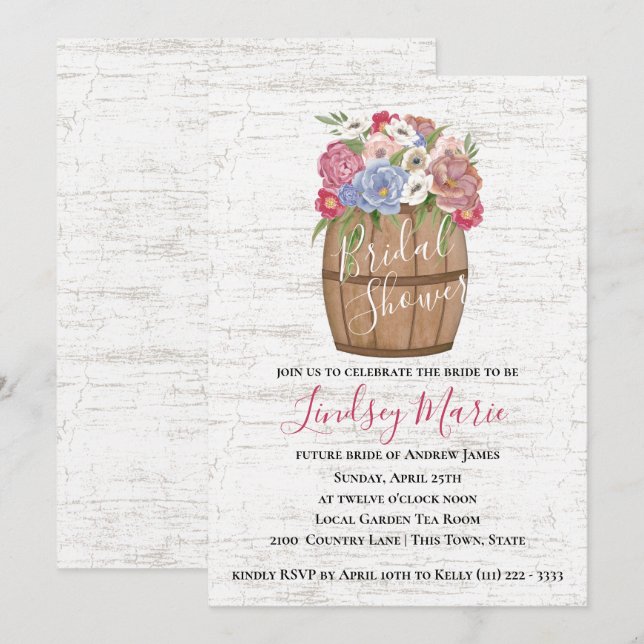 Invitación Barril de vino y flores ducha de novia (Anverso / Reverso)