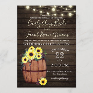 Invitación Barril de vino y girasoles Madera y Luces Rústicas
