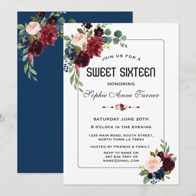 Invitación Barrio de Borgoña Floral Azul Dotted Frame Sweet 1 (Anverso / Reverso)