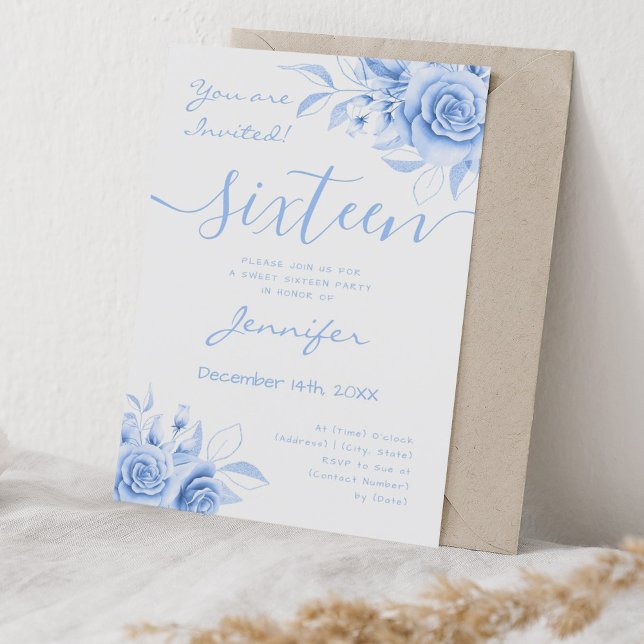 Invitación Barrio de Coquette Blue Sweet 16 Glam Floral (Coquette Navy Blue Sweet 16 Floral Glam Invitation)