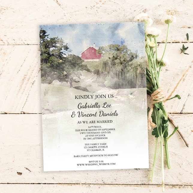Invitación Barrio Rojo en la Granja de Hillside Boda Acuarela (Subido por el creador)