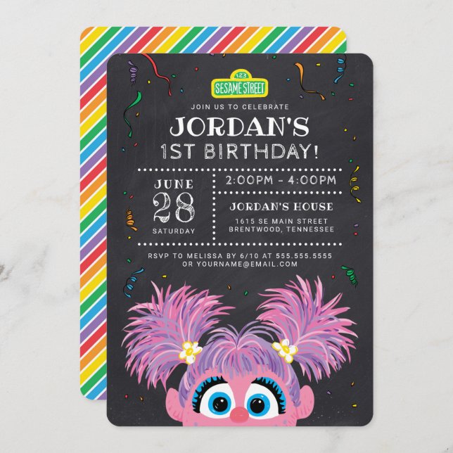 Invitación Barrio Sésamo | Abby Cadabby Chalkboard Cumpleaños (Anverso / Reverso)