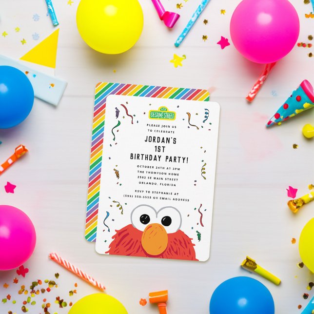 Invitación Barrio Sésamo | Cumpleaños de Elmo Confetti (Card on table)