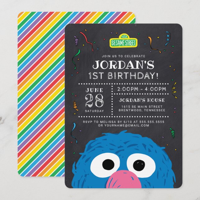 Invitación Barrio Sésamo | Cumpleaños de Grover Chalkboard (Anverso / Reverso)