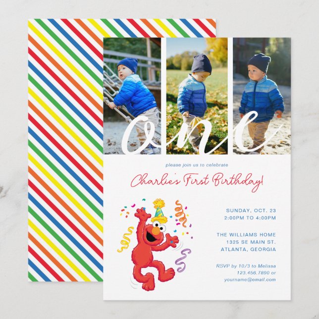 Invitación Barrio Sésamo | Elmo - Arcoiris Foto de primer cum (Anverso / Reverso)