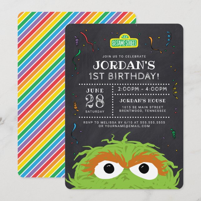 Invitación Barrio Sésamo | Óscar Birthday Chalkboard (Anverso / Reverso)